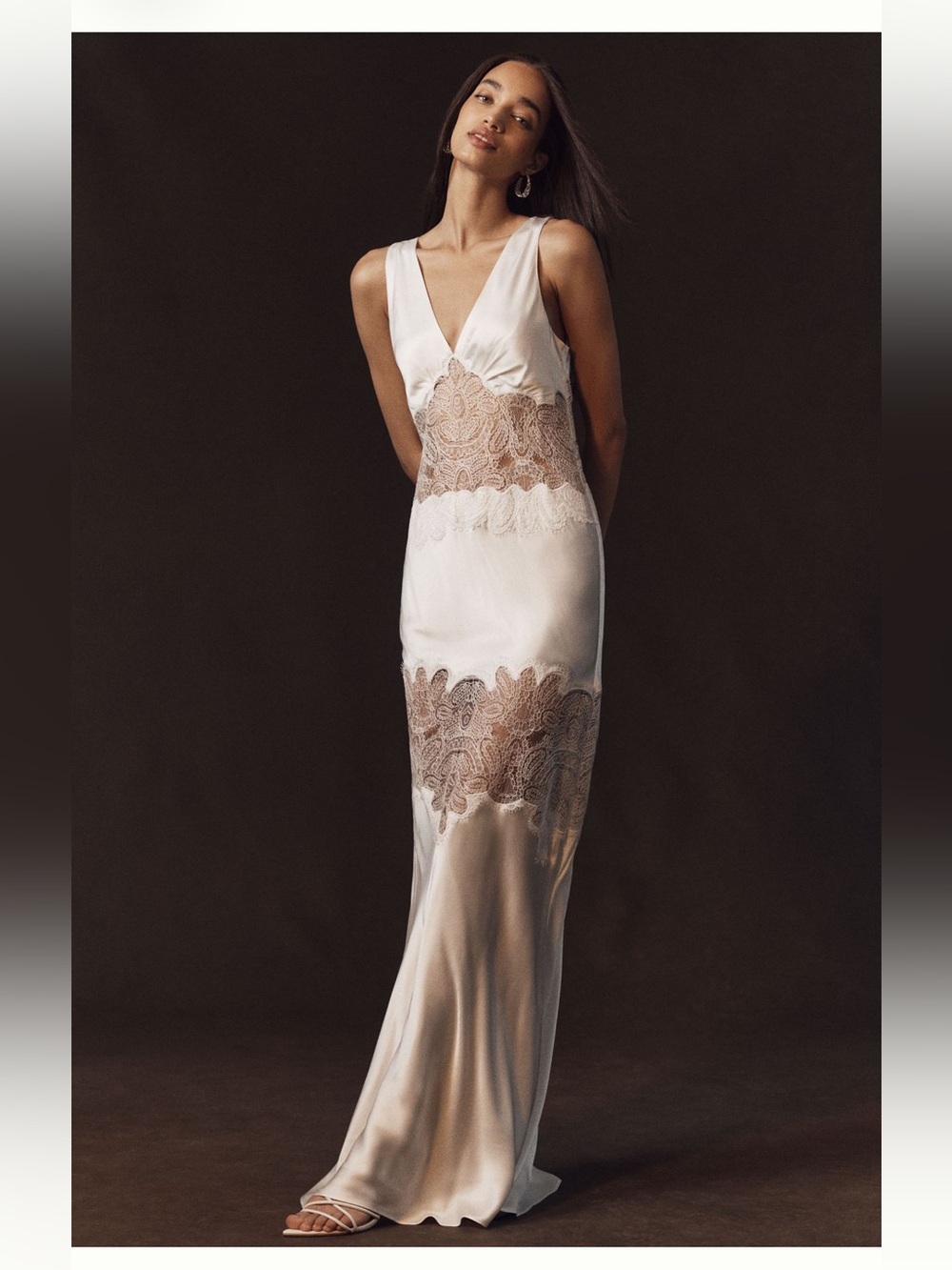 Shona Joy Ivory Satin Maxi Dress with Beige Lace Insets